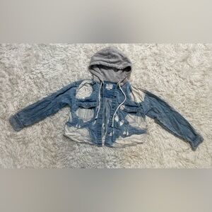 American Eagle Y2K Grunge Alt 90s Shacket Bleached Crop Hooded Jean Jacket XS